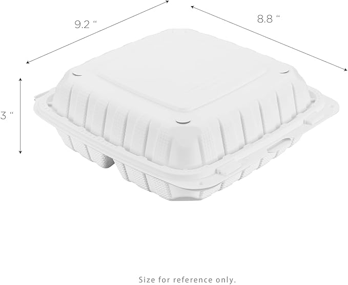 KARAT EARTH Clamshell Take Out Food Containers [9"x9" - 120 ct] To Go Containers | 3 Compartment, Soak-Resistant, Durable, Stackable | Vented for Hot/Cold Foods, White