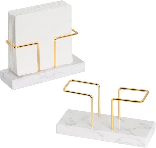 2 Pack Cocktail Napkin Holder for Table,Natural Marble Napkins Holder with Metal Wire,Modern Tissue Paper Dispenser for Dining Table Bar Kitchen (for 5 x 5 inches napkin)