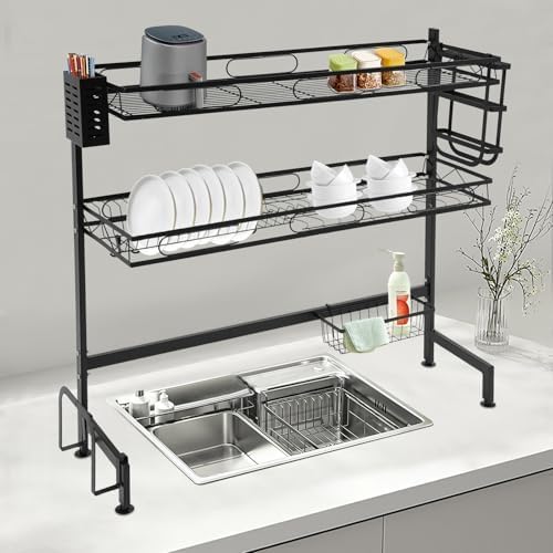 Over The Sink Dish Drying Rack, 2-Tier Carbon Steel Dish Rack with 22.05lbs High Load-Bearing, Adjustable Storage Baskets & Utensil Holders, Black Kitchen Counter Organizer for Space Saving