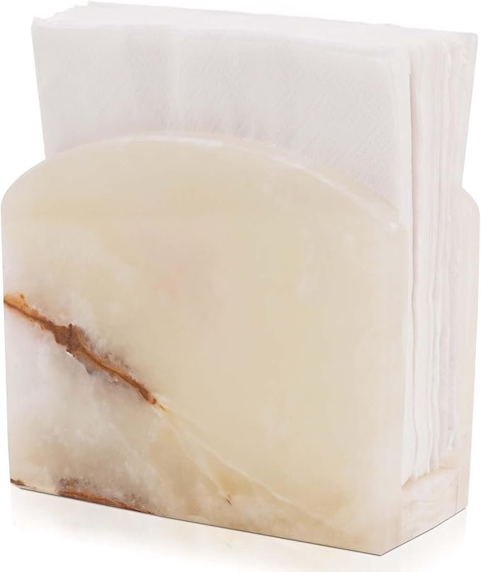 Marble Napkin Holder 6.5 Inch Handmade White onyx Stone Organizer for Tissue Paper & Cocktail Napkins, Coffee Bar Table, Bathroom, Gifts, Kitchen Countertop & Home Decor