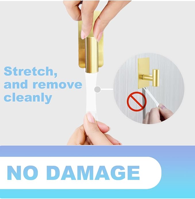 8 Pcs Towel Hooks Heavy Duty for Hanging，Adhesive Wall Hooks with Removable Strips，Sticky No Damage，Outdoor for Bathrooms，Shower，Stockings，Decor，Robe，Large，Gold 304 Stainless Steel