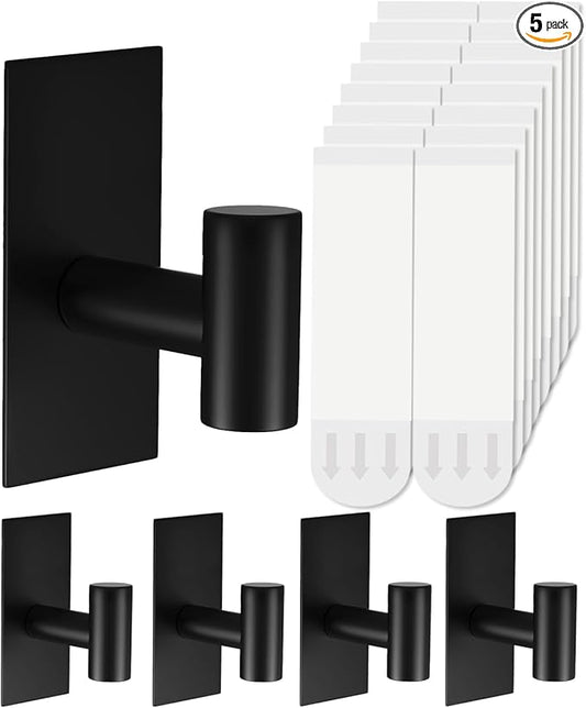5 Pcs Towel Hooks Heavy Duty for Hanging，Adhesive Wall Hooks with Removable Strips，Sticky No Damage，Outdoor for Bathrooms，Shower，Stockings，Decor，Robe，X-Large，Black 304 Stainless Steel