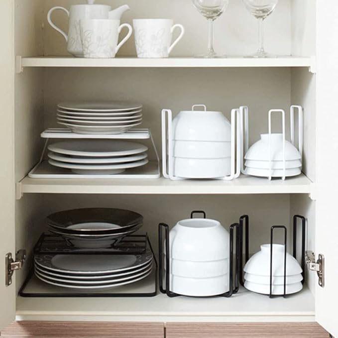 Dinnerware Bowl Plate Holder Fit for 6.5 Inches Diameters Bowl, Metal Bowl Storage Dying Display Rack for Kitchen Drawer, Countertop, Cabinet, Shelf, Cupboard (Black, 2L Bowl rack+ 2L Disc rack)