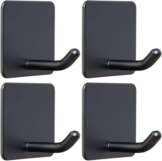 FOTYRIG Adhesive Towel Hooks No Drill Wall Hooks Stick on Wall Hangers Shower Hooks for Inside Shower Bathrooms Kitchen Door Black -4 Packs
