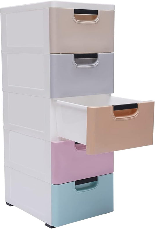 5 Drawers Stackable Storage Drawers Plastic Storage Drawers Collapsible Storage Bins Plastic Clothes Organizer Drawers Storage for Living Room,Bedroom,Office (Light Colors, 11.81" W)