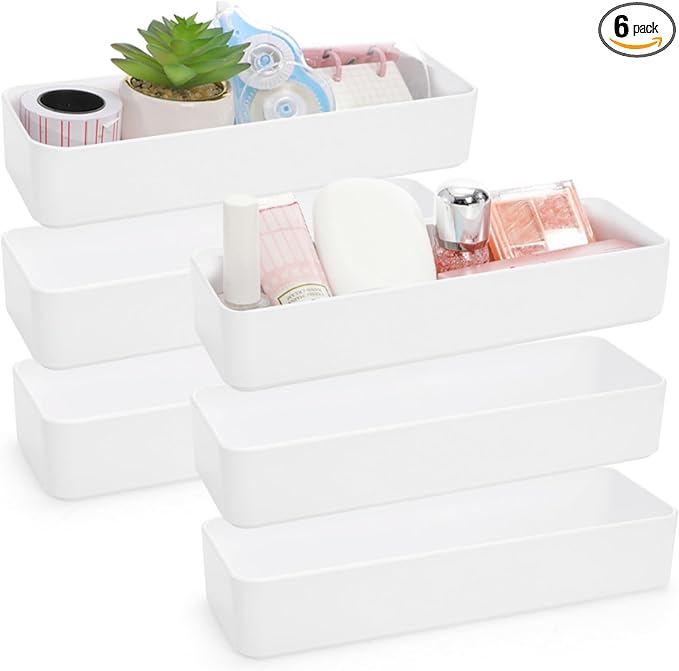 6 Pack Plastic Drawer Organizer, 10'' x 3.3'' x 1.8'' White Stackable Vanity Storage Tray, Narrow Rectangular Organizer Bins for Makeup, Bathroom, Kitchen, Office Desktop Supplies