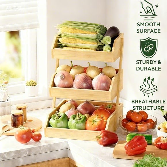 Simple Trending 3-Tier Natural Bamboo Fruit & Vegetable Basket Organizer, Ventilated Countertop Kitchen Storage with 2 Removable Banana Hooks, Sturdy for Fruits, Veggies, Snacks, Bread, Easy Assemble