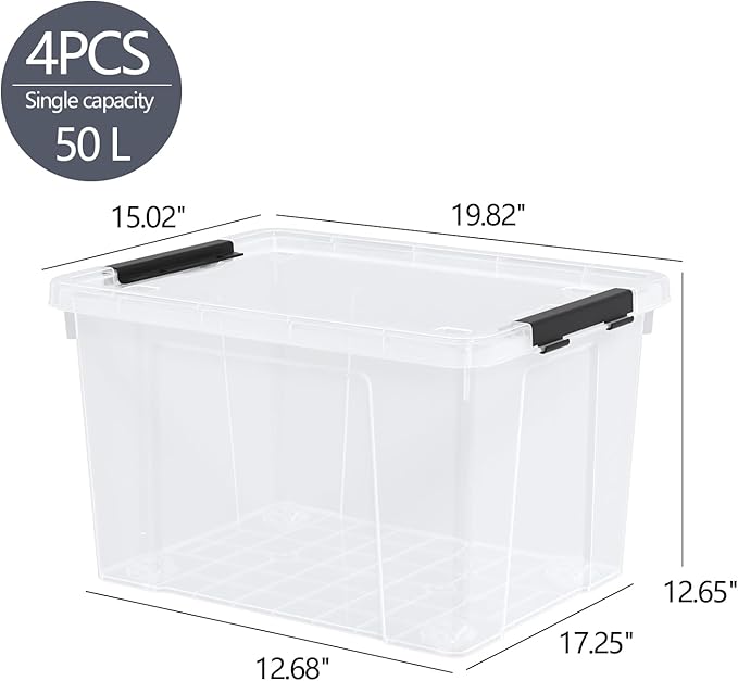 Parlynies 4-Pack Holiday Tote, Plastic Storage Organizer Bins with Wheels, 50 L, Clear, Stackable Organizing Containers for Home, Garage, and Office