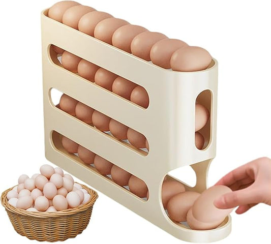 Egg Holder for Fridge, 2026 New Auto Rolling Fridge Egg Organizer, Egg Dispenser for Refrigerator, 4 Tiers Fridge Egg Rack for Refrigerator, Large Capacity/Holds 30 Eggs (Beige)