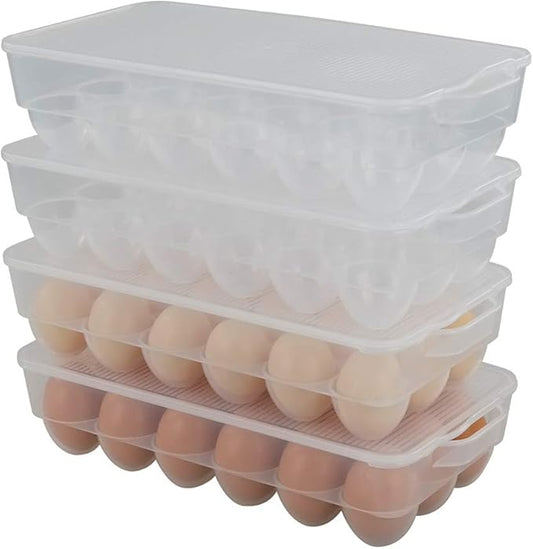 Eagrye 4-Pack Clear Covered Egg Holders, Egg Holder For Refrigerator, Plastic Refrigerator Egg Trays with Lids, Fit 18 x 4 Eggs (72 Eggs)