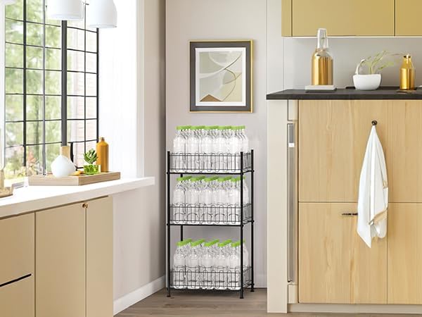Vrisa 3 Tier Water Bottle Holder Fenced Freestanding Bottled Water Organizer Stand Beverage Drink Soda Can Storage Rack for Pantry, Kitchen, Home Party, Classroom