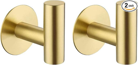 Bntuk Adhesive Hooks Towel Hooks for Bathroom, Stainless Steel Waterproof Shower Hook Towels Holders, Coat Hook for Hanging Clothes, Wall Hooks Stick on Bathroom or Kitchen - 2 Pack, Gold