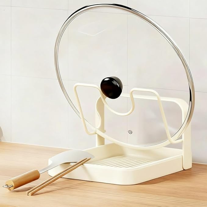 Kitchen Pot Lid Storage Rack, Lid Holder While Cooking, Countertop Organizer Rack for Counter with Removable Drip Tray, Stainless Stand with Tray Spoon Rest for Stove Top(Beige-Single layer)