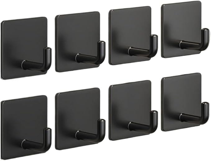 EDMILE Adhesive Hooks for Hanging, Self-Adhesive Wall Hook for Key Hat Coat, No Drill Stick on Bathroom Towel Hooks, Shower Kitchen Door Home Outdoor 8 Pack, Black