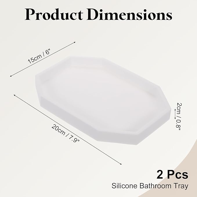 uxcell 2Pcs Bathroom Vanity Tray, 7.9" x 6" Octagon Silicone Soap Dispenser Trays, Shatterproof Kitchen Sink Organizer for Soaps Keys Candle Trinket, White