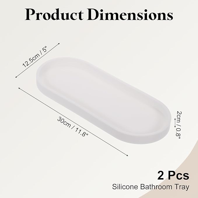 uxcell 2Pcs Bathroom Vanity Tray, 11.8" x 5" Oval Silicone Soap Dispenser Trays, Shatterproof Kitchen Sink Organizer for Soaps Keys Candle Trinket, White