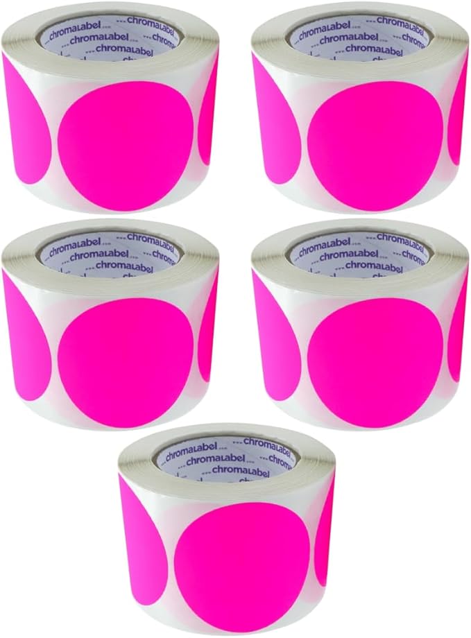 ChromaLabel 3 Inch Circle Sticker Labels, High Visibility Round Sticker Labels, Removable Sticky Dots - 500 Colored Dot Stickers per Roll, Fluorescent Pink Label Stickers - Case of 5