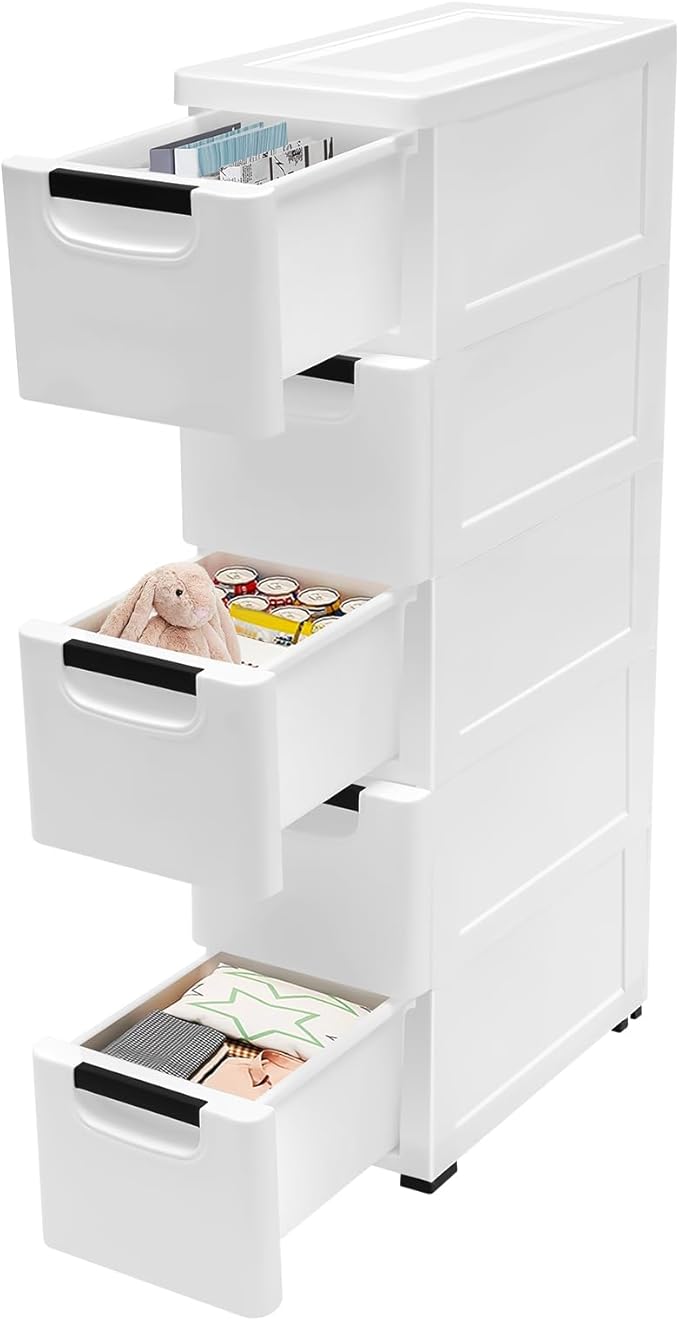 5 Drawers Stackable Storage Drawers Plastic Storage Drawers Collapsible Storage Bins Plastic Clothes Organizer Drawers Storage for Living Room,Bedroom,Office (White, 7.87" W)