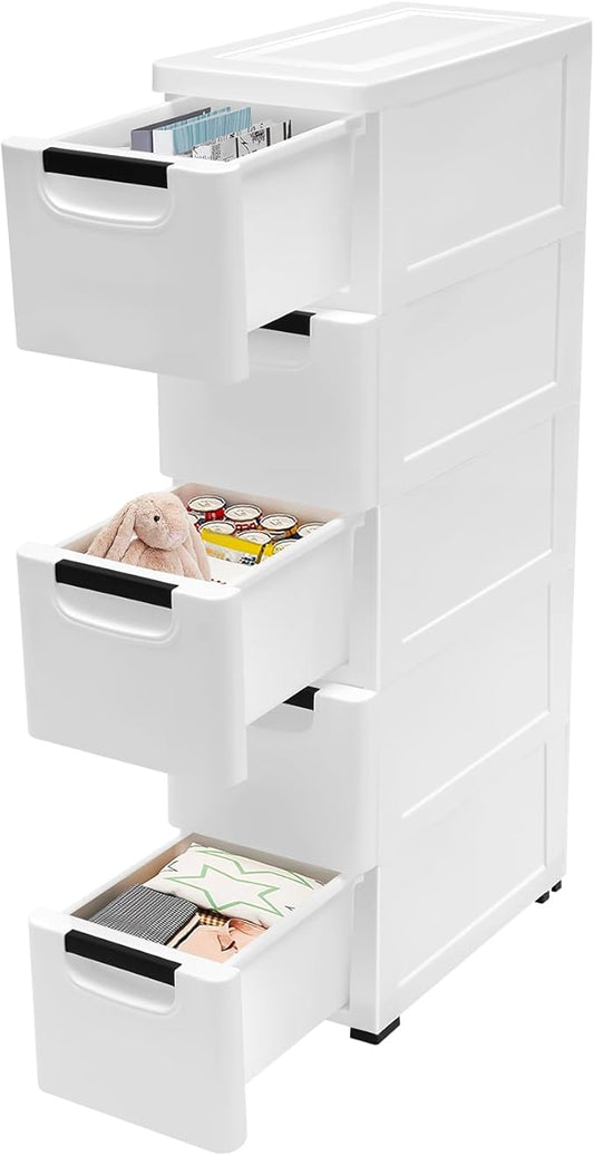 5 Drawers Stackable Storage Drawers Plastic Storage Drawers Collapsible Storage Bins Plastic Clothes Organizer Drawers Storage for Living Room,Bedroom,Office (White, 7.87" W)