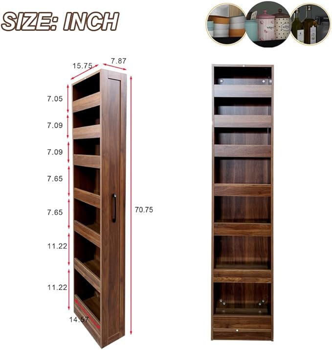 7 Tier Slim Storage Cart, Rolling Spice Rack Next to Fridge Slim, Narrow Storage Cabinet, Wood Storage Organizer with Handle Wheels for Kitchen, Dining Room (7 Tier - Walnut)