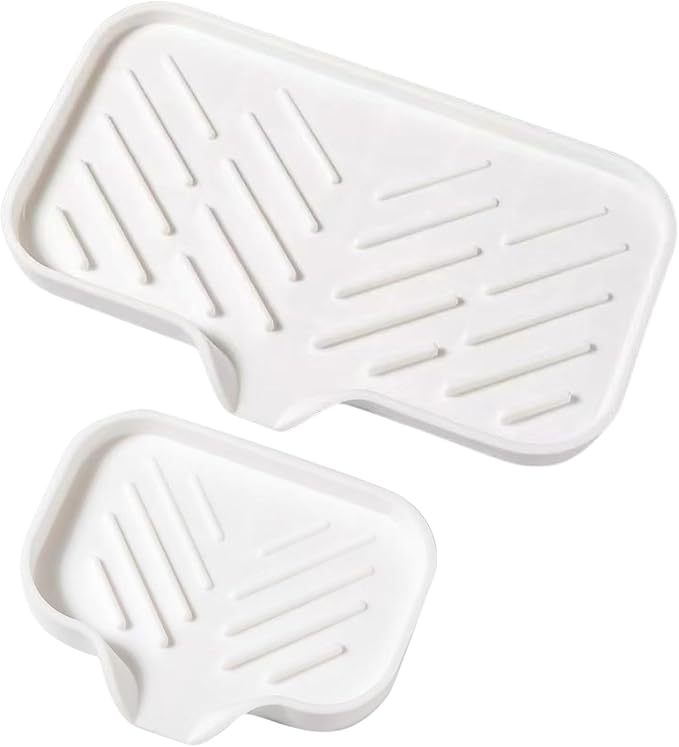Silicone Soap Tray, Soap Dishes with Drain Spout, Bathroom and Kitchen Sink Organizer, Sponge Holder, Perfect for Dispenser, Scrubber, Bottle, Cup on Sink or Counter - Large and Small Set (White)