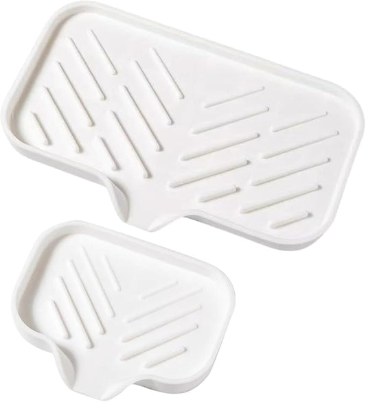 Silicone Soap Tray, Soap Dishes with Drain Spout, Bathroom and Kitchen Sink Organizer, Sponge Holder, Perfect for Dispenser, Scrubber, Bottle, Cup on Sink or Counter - Large and Small Set (White)