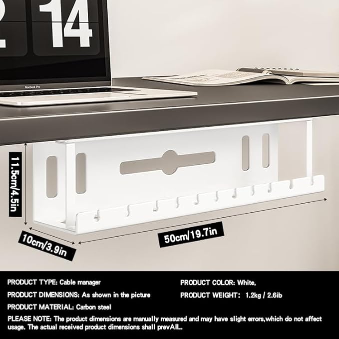 Under Desk Cable Management Tray Wires Organizer Power Strip Management No Drill Under Table Organizer for Cable Storage Holder for Office Home Desk/Table (WHITE-50CM)