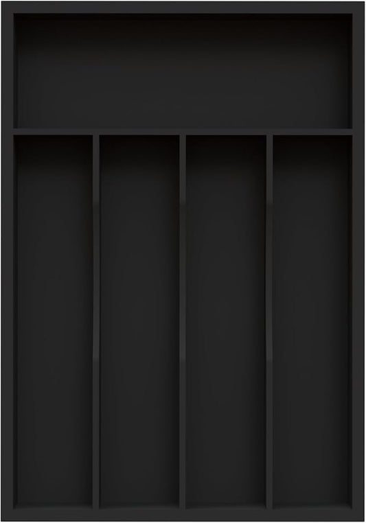 Bamboo Silverware Organizer, Kitchen Drawer Organizer, Utensil Holder, Cutlery Tray & Spoon Flatware Storage with Grooved Drawer Dividers (5 Slots, Black)
