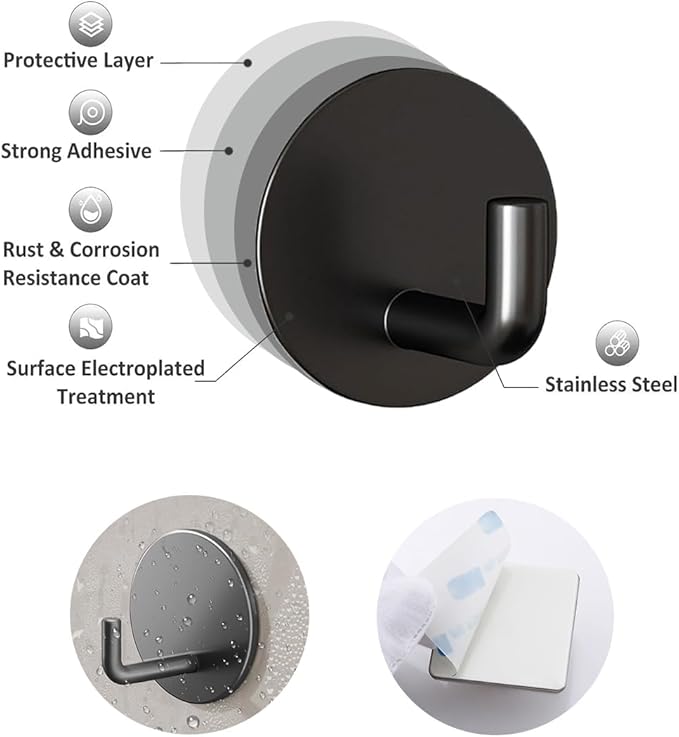 EDMILE 8 Pack Adhesive Towel Hooks for Bathroom, Stick on Hooks Bathroom Kitchen for Walls No Damage, Sticky Hook for Hanging Coat Robe, Black