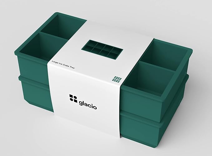 glacio Ice Cube Molds – 2-Pack Silicone Trays for 8 Large Square Cubes – Slow-Melt Ice for Whiskey, Cocktails, Coffee & More (Green_LN)