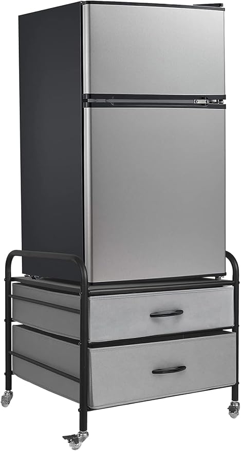 Mini Fridge Stand, Fridge Stand with Storage, 2 Drawer Fridge Cart, Organizer Unit for Mini Fridge, Fridge Stand with Metal Frame and Fabric Drawers, Mini Fridge Table with 4 Swivel Wheels