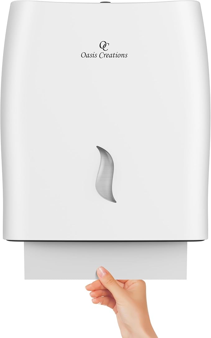 Touchless White Paper Towel Dispenser by Oasis Creations-Wall Mount Hanging Hand Towel Holder- Hands Free-500 Multifold Tissues-Bathroom & Kitchen Accessories-Key Lock Feature-Restaurant & Office