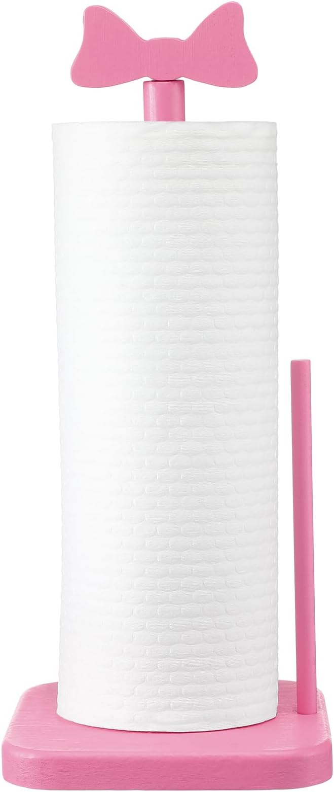 Leinuosen Pink Bow Paper Towel Holder Coquettish Cute Bow Wooden Paper Towel Holder Pink Bathroom Countertop Accessories Kitchen Roll Stand Organizer Standing Apartment Decor Housewarming Gift
