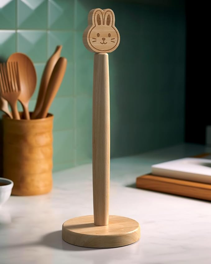 KitchLife Cute Wooden Paper Towel Holder Countertop - Solid Freestanding Paper Towel Dispenser Stand Organizer with Anti-Skid Base (Rabbit)