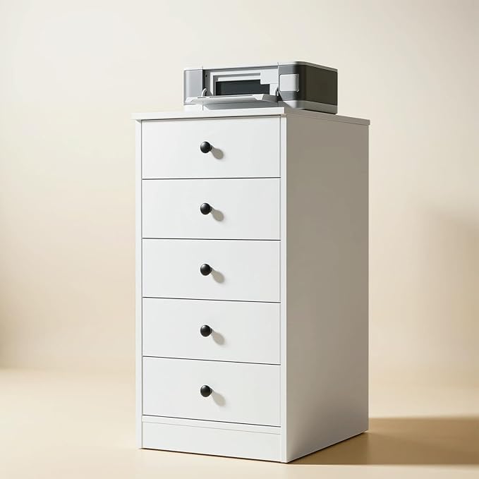 TUSY 5 Drawer File Cabinet - 31.5" H Wood Vertical Filings Chest Under Desk, Classic File Storage Cabinet for Home Office, Small Printer Stand with Drawers, 15.75" W x 19.69" D x 31.5" H, White