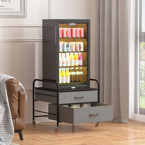 Mini Fridge Stand, Fridge Stand with Storage, 2 Drawer Fridge Cart, Organizer Unit for Mini Fridge, Fridge Stand with Metal Frame and Fabric Drawers, Mini Fridge Table with 4 Swivel Wheels