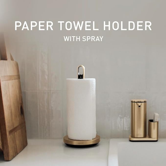 simplehuman Standing Paper Towel Holder with Spray Pump, Brass Stainless Steel, Gold