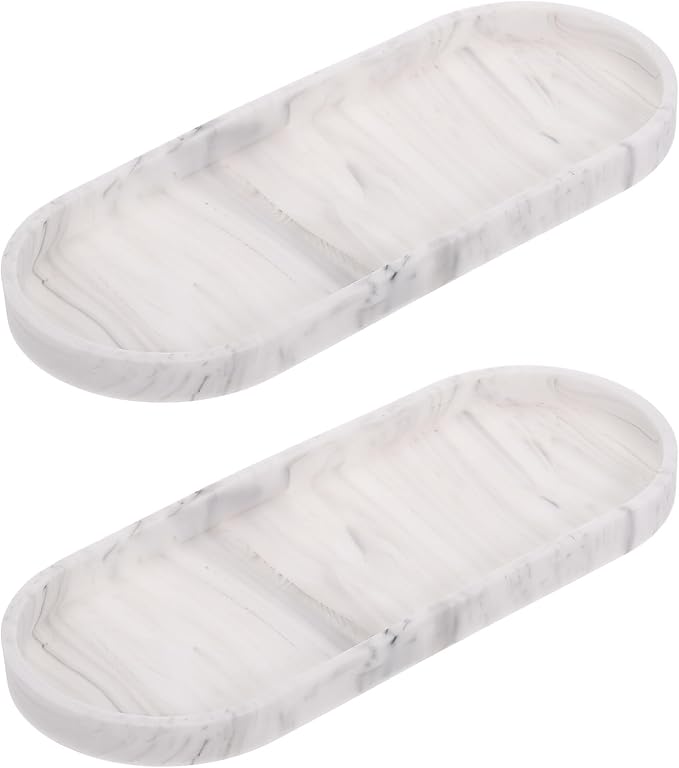 uxcell 2Pcs Bathroom Vanity Tray, 11.8" x 5" Oval Silicone Soap Dispenser Trays, Shatterproof Kitchen Sink Organizer for Soaps Keys Candle Trinket, Marble White