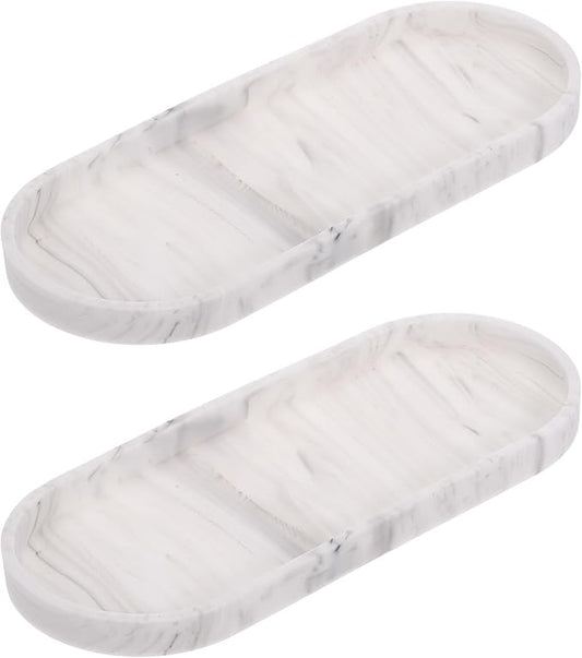 uxcell 2Pcs Bathroom Vanity Tray, 11.8" x 5" Oval Silicone Soap Dispenser Trays, Shatterproof Kitchen Sink Organizer for Soaps Keys Candle Trinket, Marble White
