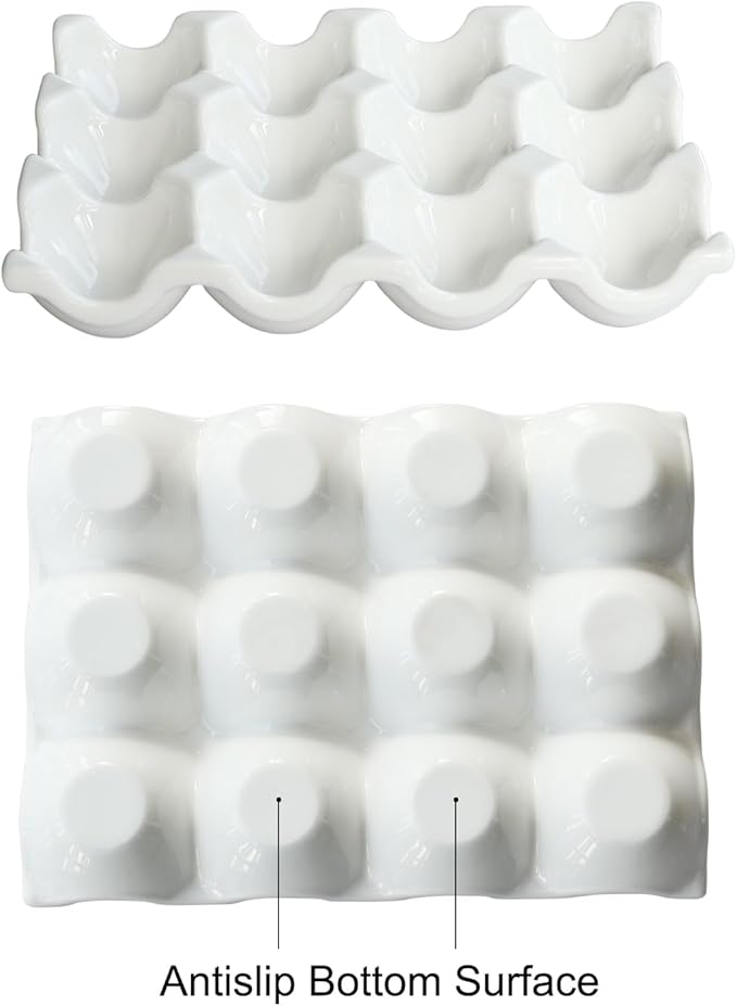 Ceramic Egg Holder, 12 Cups Egg Tray with Non-Slip Base, Porcelain Container for Storing a Dozen Eggs for Fridge and Countertop