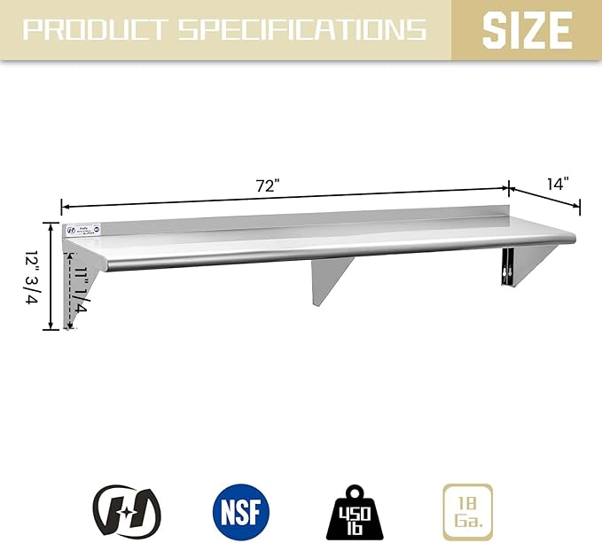 Hally Stainless Steel Shelf 14 x 72 Inches, 450 lb, Commercial Wall Mount Floating Shelving for Restaurant, Kitchen, Home and Hotel