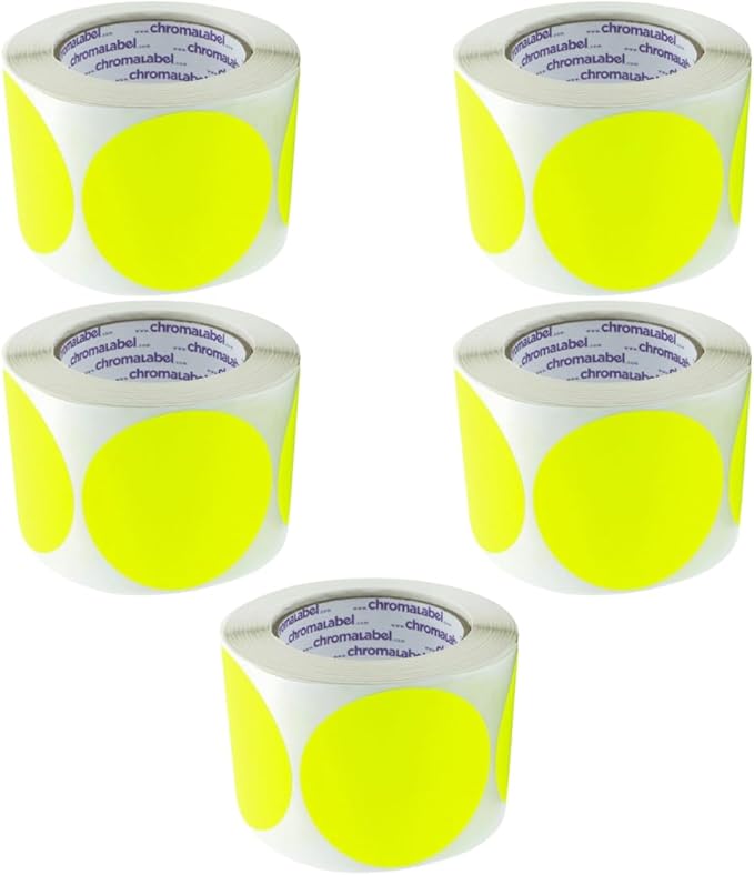 ChromaLabel 3 Inch Circle Sticker Labels, High Visibility Round Sticker Labels, Removable Sticky Dots, 500 Colored Dot Stickers per Roll, Fluorescent Yellow Dot Stickers - Case of 5