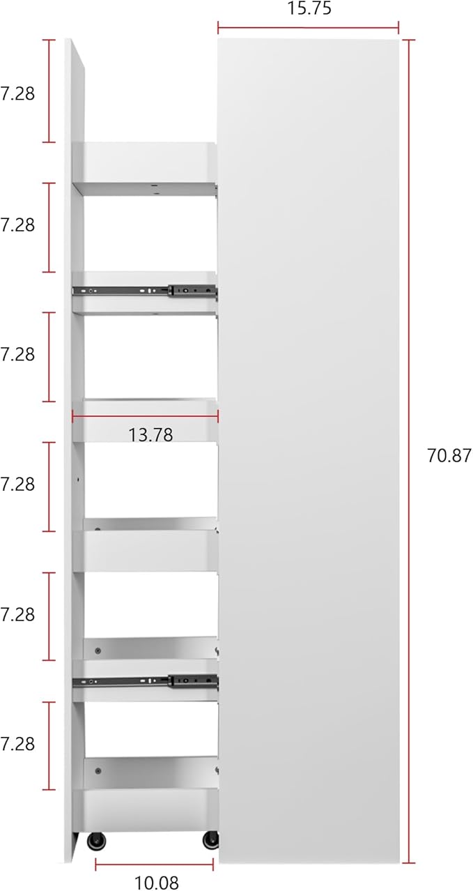 6 Tier Slim Rolling Pantry Storage Cart White Wooden Spice Rack on Wheels Next to Fridge,Mobile Storage Shelving Unit for Kitchen, Bathroom Narrow Pull-Out Pantry Organizer for Small Spaces