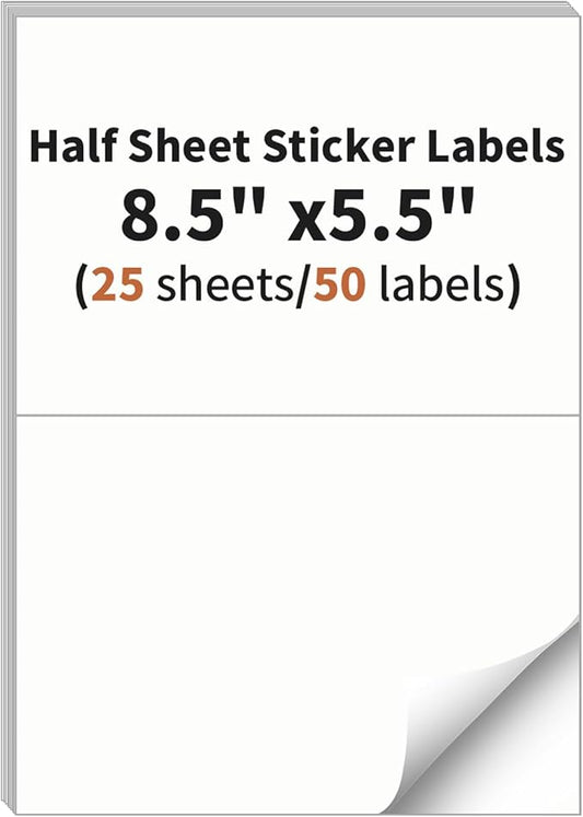 Half Sheet Labels, 2 per Sheet, 25 Sheets, 50 Labels, 8.5" x 5.5" Shipping Labels Paper, Address Sticker Laser & Inkjet Printer Label Stickers, 5 1/2" x 8 1/2" Half Sheet Labels