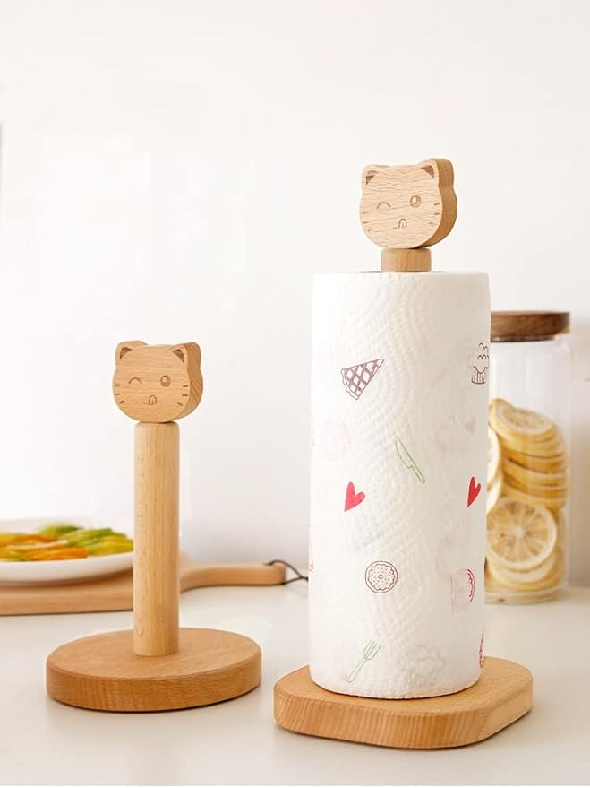 Cute Paper Towel Holder, Wooden Kitchen Roll Stand Organizer Free Standing, Housewarming Gift Present for Friends