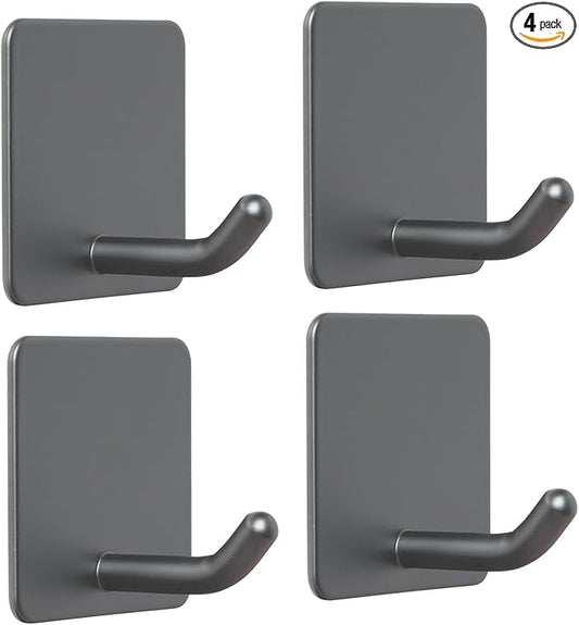 FOTYRIG Adhesive Towel Hooks Stick on Towel Hanger Wall Hooks Waterproof Stainless Steel Sticky Hooks for Hanging Bathroom Kitchen Home Grey -4 Packs