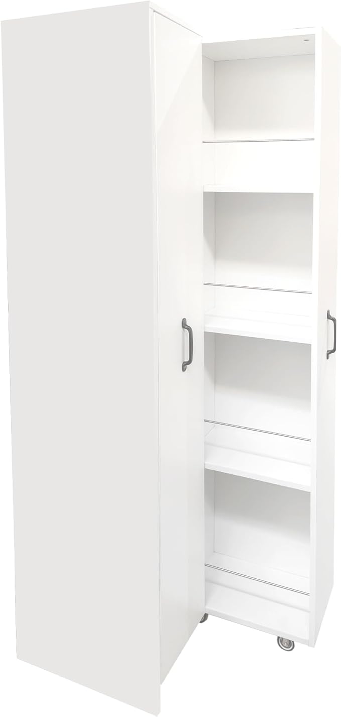 Food Pantry Cabinet with Pull-Out Shelves, White Slide Out Storage Cabinet with 2 Doors, 4 Tier Floor Standing Narrow Storage Bookcase on Wheels for Kitchen, Living Room, Office