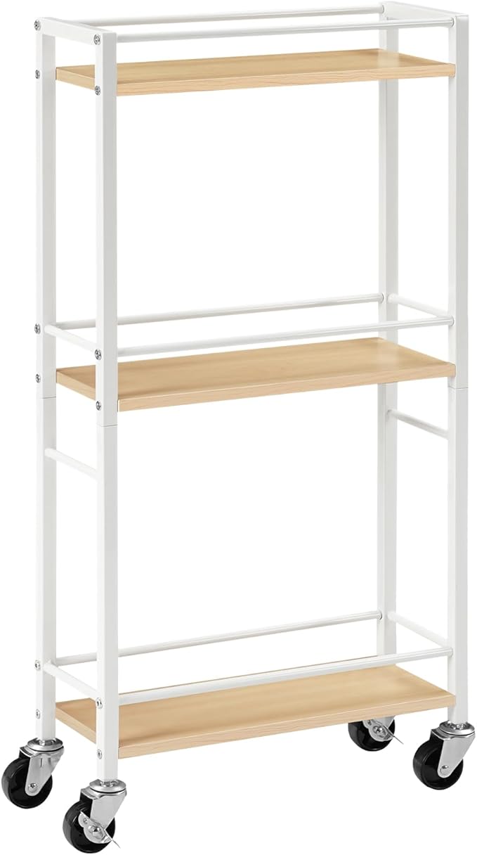 MAHANCRIS Slim Rolling Cart, Mobile Kitchen Cart on Wheels, Narrow Storage Cart for Small Space, Wooden Kitchen Storage Rack, for Bathroom, Laundry, Living Room, White RCBN1501
