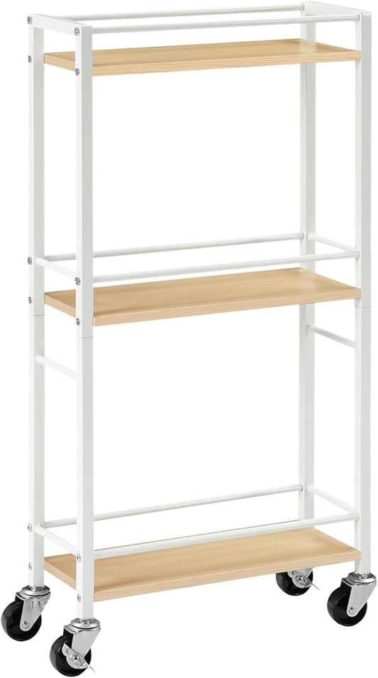 MAHANCRIS Slim Rolling Cart, Mobile Kitchen Cart on Wheels, Narrow Storage Cart for Small Space, Wooden Kitchen Storage Rack, for Bathroom, Laundry, Living Room, White RCBN1501