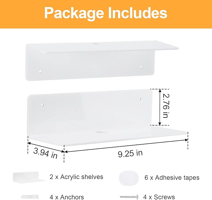luium 9 Inch Acrylic Floating Shelf No Drill Adhesive Wall Shelf Set of 2 for Funko Pop Storage, Floating Shelves Damage-Free Expand Wall Space for Living Room, Bathroom, Gaming Room, Office - White